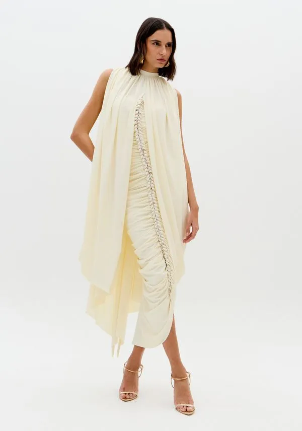 Vestido Super Midi Drapeado Frente Única Branco PP