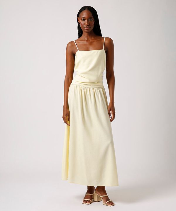 vestido longo franzido com linho mindset amarelo G