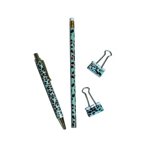 Kit Gift Le Office Animal Print 1 Lápis Grafite, 1 Caneta Fine, 2 Binders Clips 25mm