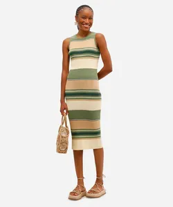 vestido midi feminino de tricot listrado verde G