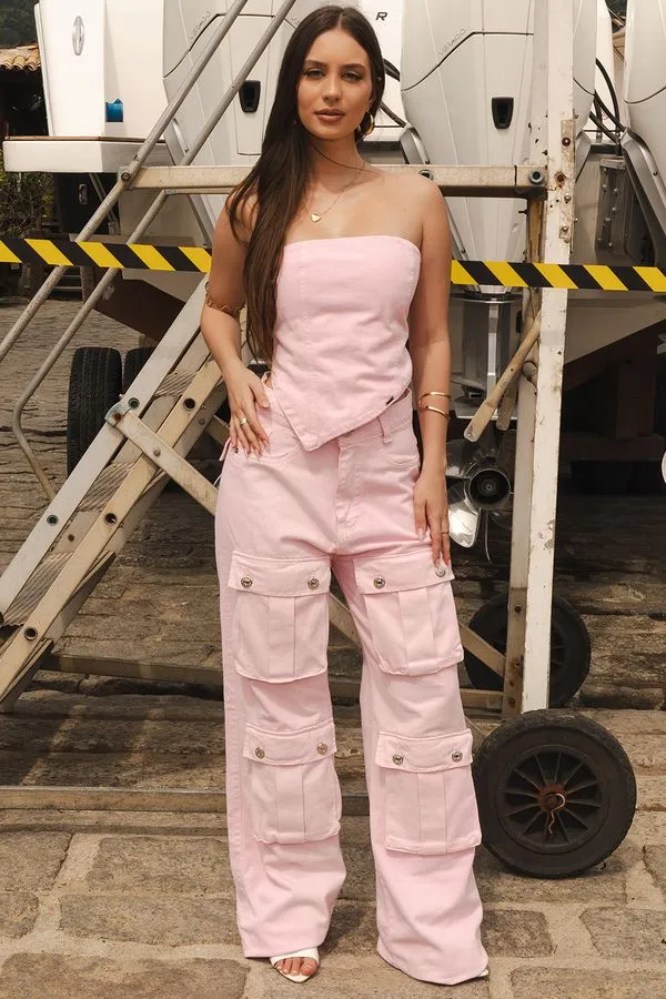 Calça Jeans Feminina Cargo Planet Girls Rosa Claro 44