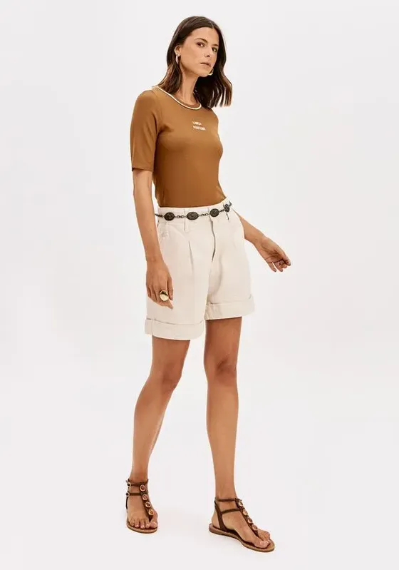 Short Sarja Com Linho Cintura Super Alta Branco 36