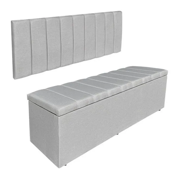 Kit Cabeceira Painel E Calçadeira Recamier Baú Casal 1,40m Holanda Linho - Pallazio Cor Cinza