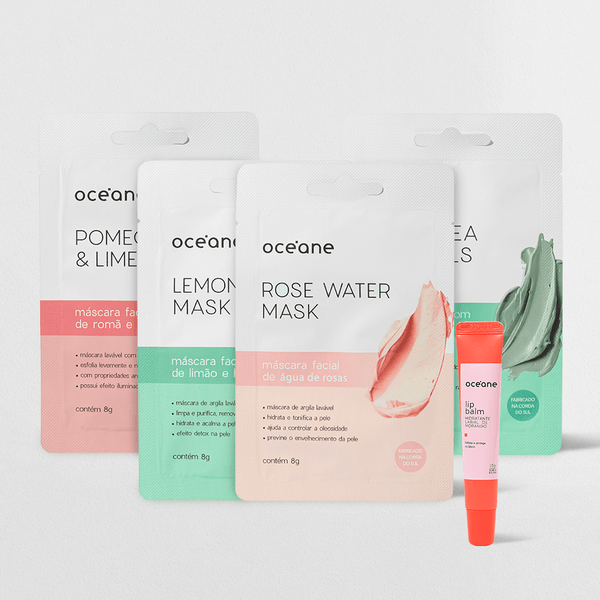 Kit Hidratante Labial de Morango + 4 Máscaras Faciais Diversas (5 Produtos) Océane Kit Hidratante Labial de Morango + 4 Máscaras Faciais Diversas (5 Produtos)