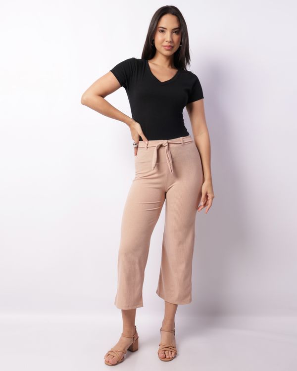 Calça Feminina Pantacourt Canelada Com Cordão Bege G