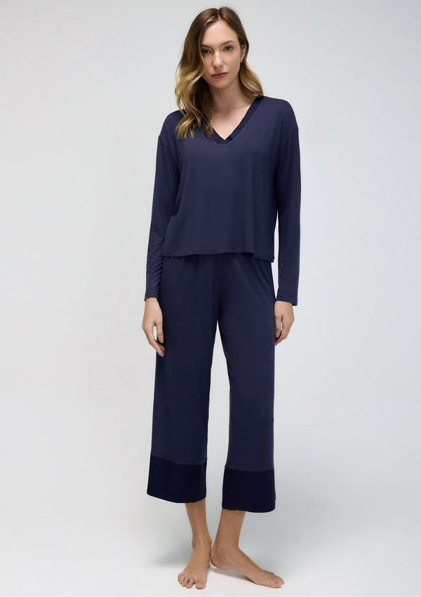 Pijama Longo Feminino Em Viscose - Azul XG