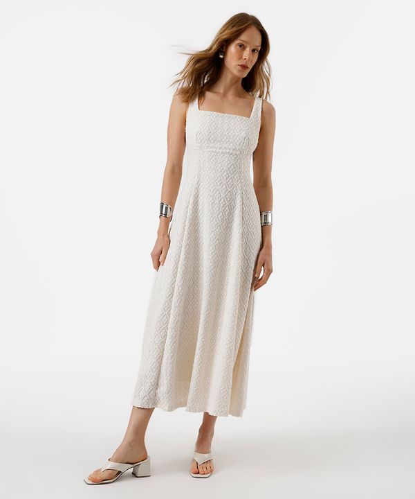 vestido midi feminino decote quadrado floral texturizado off white P