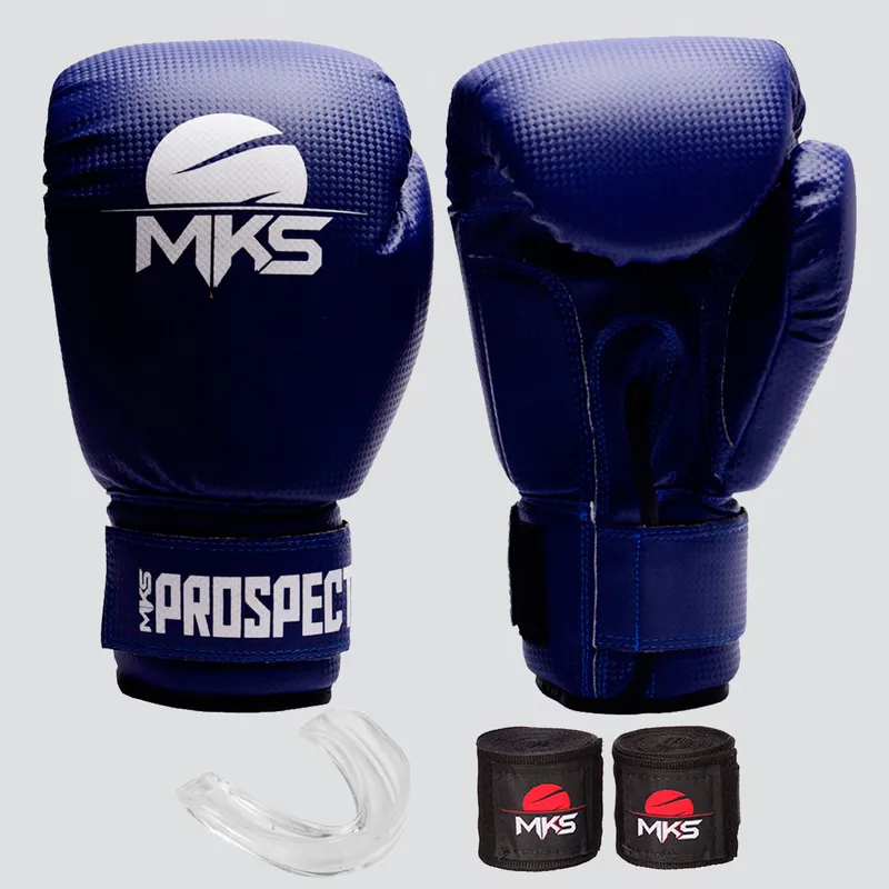 Kit de Luva de Boxe com Bandagem e Bucal MKS Prospect Azul