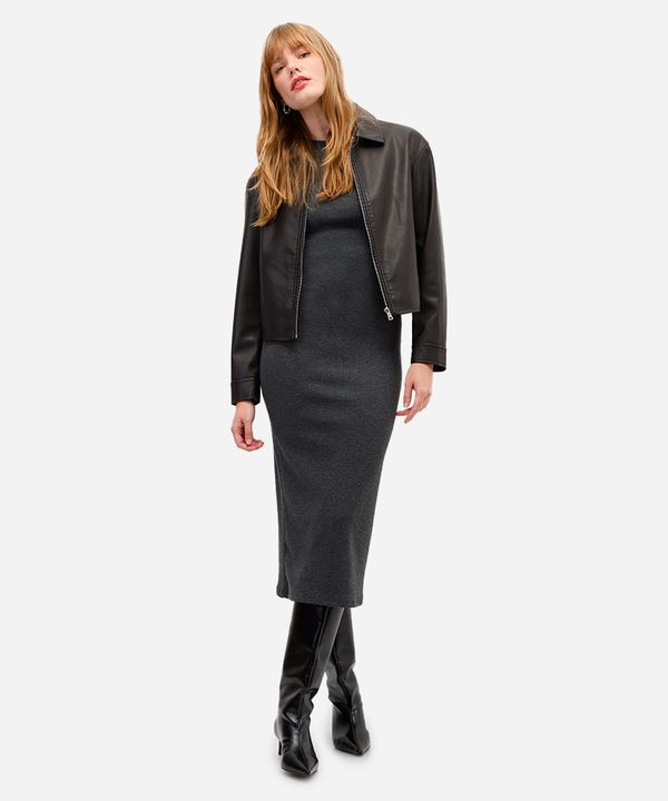 vestido midi feminino manga curta canelado cinza M