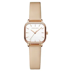 Relógio Quadrado Feminino Hannah Martin 1759 Pulseira de Couro Marrom
