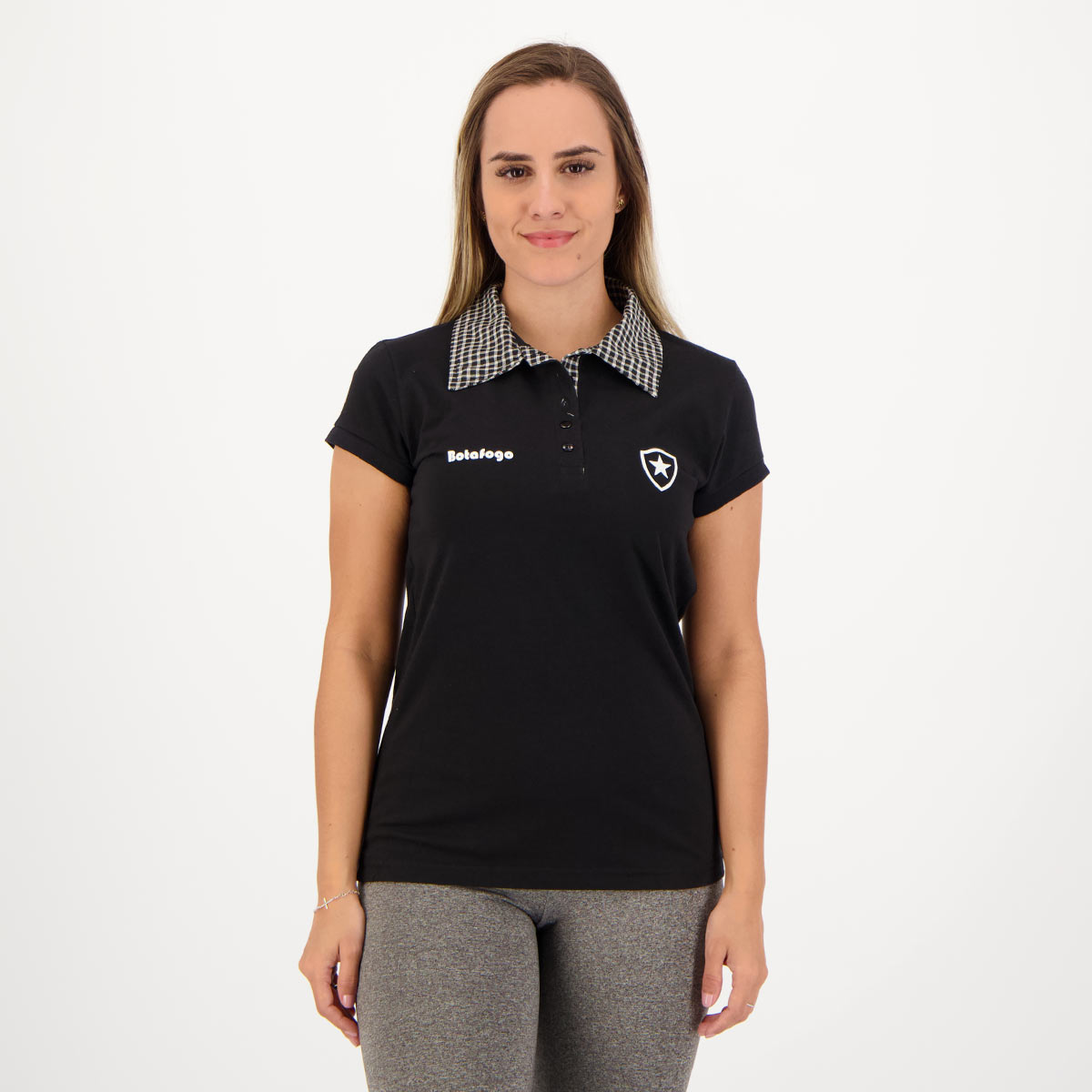 Polo Botafogo Gola Xadrez Feminino Preto