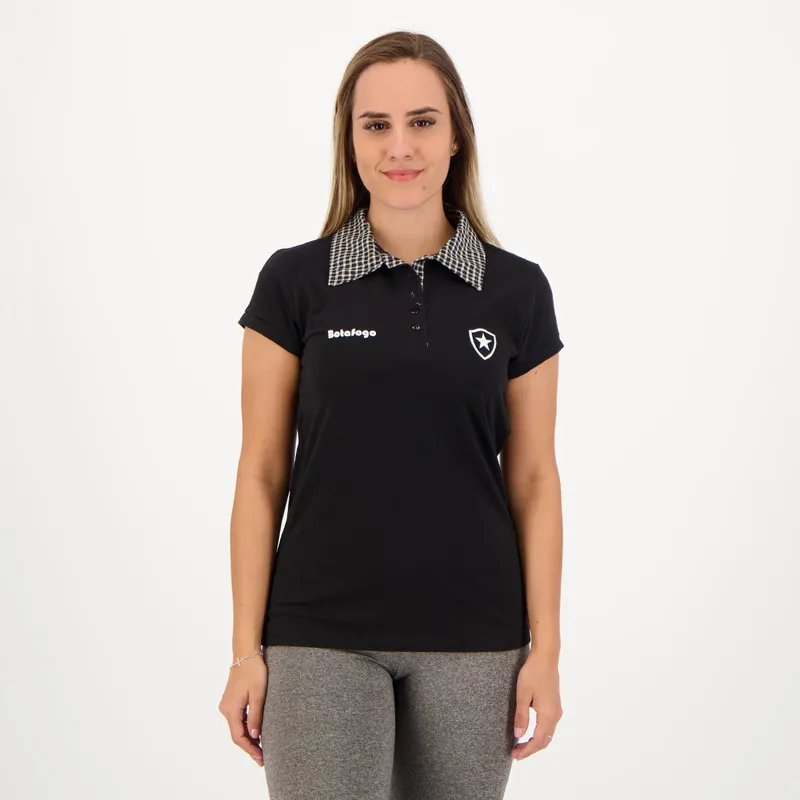 Polo Botafogo Gola Xadrez Feminino Preto