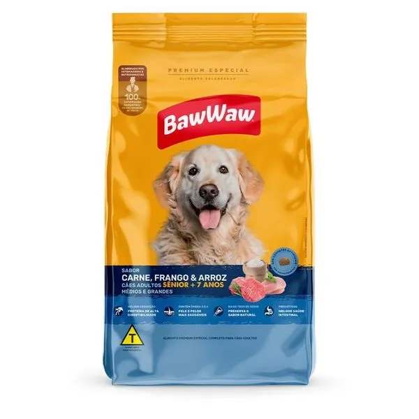 Ração Cão Adulto Sênior Raças Médias e Grandes Baw Waw Carne, Frango e Arroz 900g