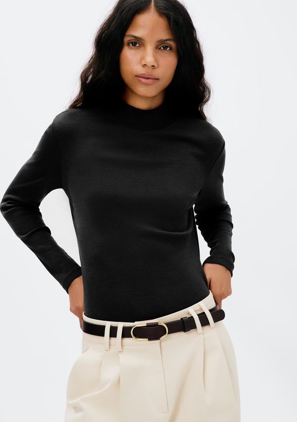 Blusa Básica Feminina Manga Longa Gola Alta Em Ribana Canelada - Preto XXG