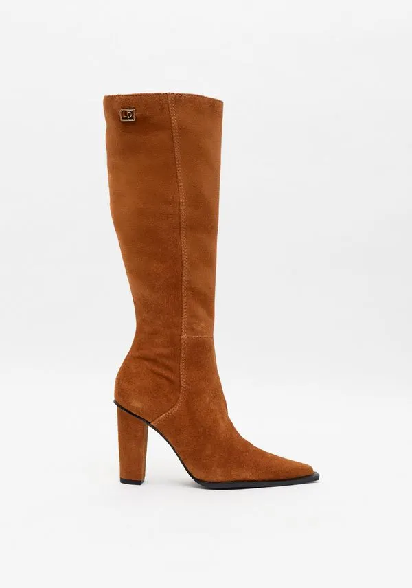 Bota Cano Longo Couro Com Salto Bloco Marrom 38