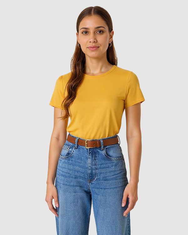 Blusa Básica Feminina Decote Redondo Manga Curta Em Malha Algodão Pima Amarelo - XGG