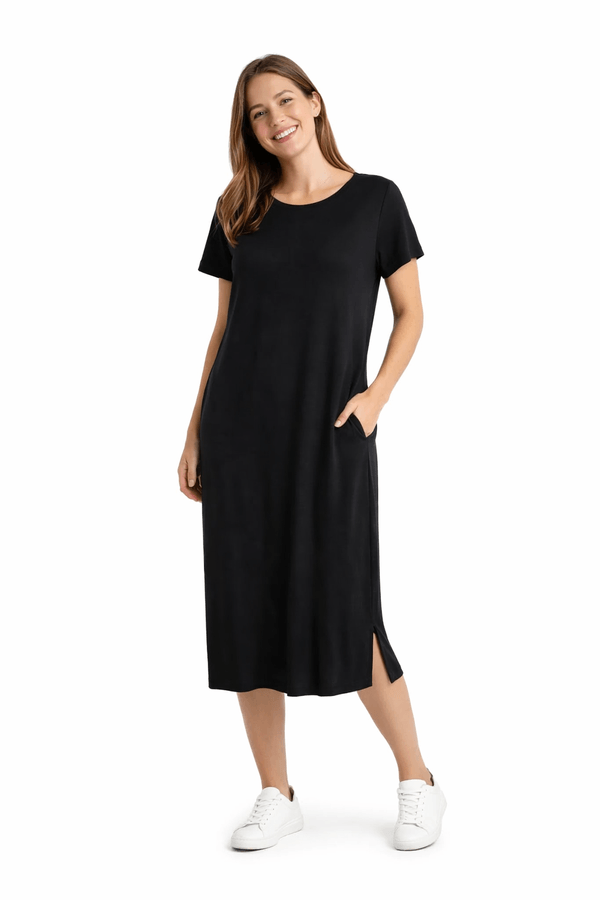 Vestido Com Bolsos e Fenda Feminino PRETO GG
