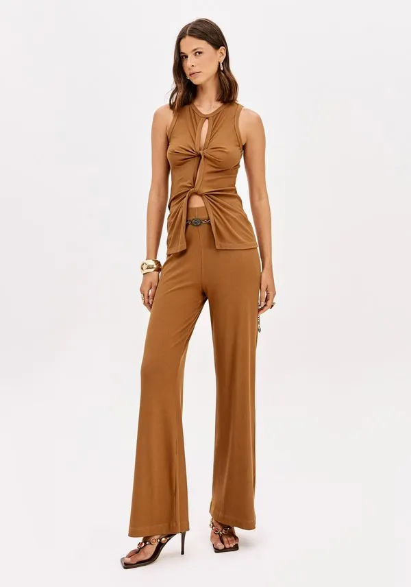 Calça Wide Leg Cintura Alta Canelada Marrom P