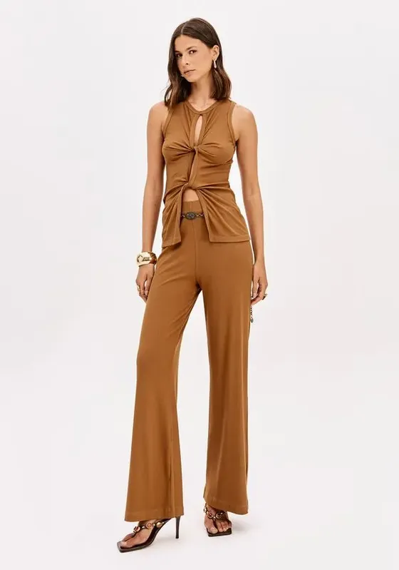 Calça Wide Leg Cintura Alta Canelada Marrom M