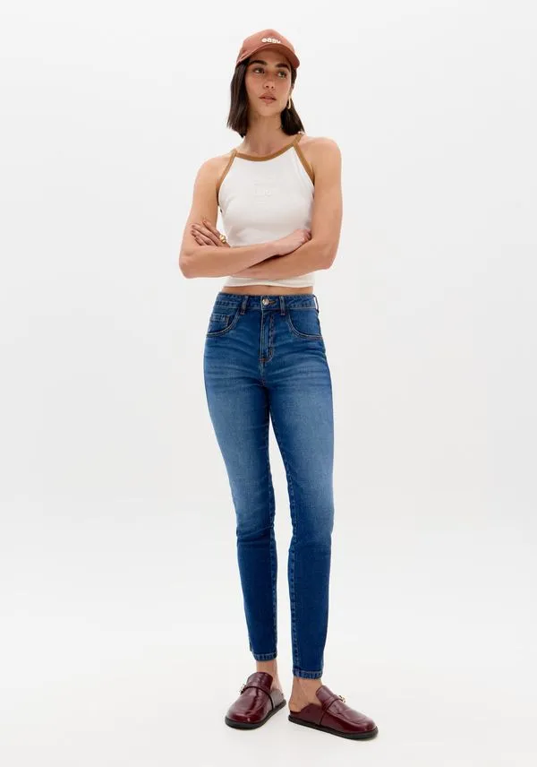 Calça Skinny Jeans Ankle Com Cintura Alta Azul 32