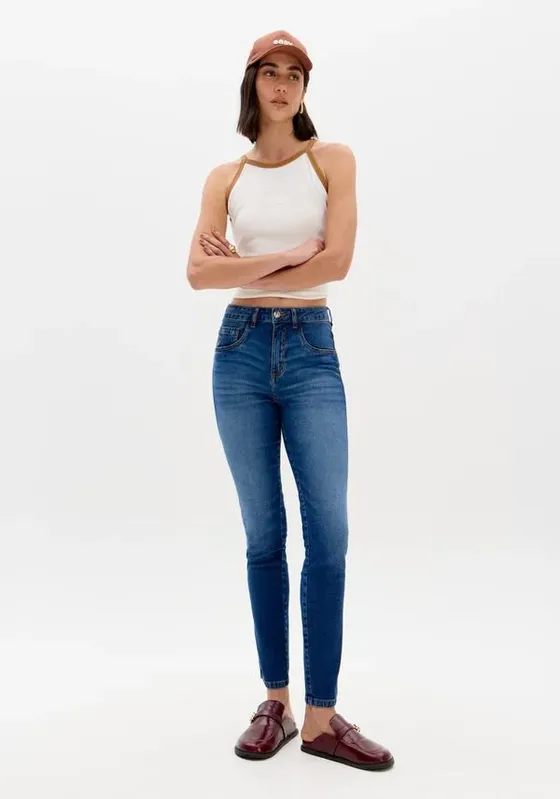 Calça Skinny Jeans Ankle Com Cintura Alta Azul 32