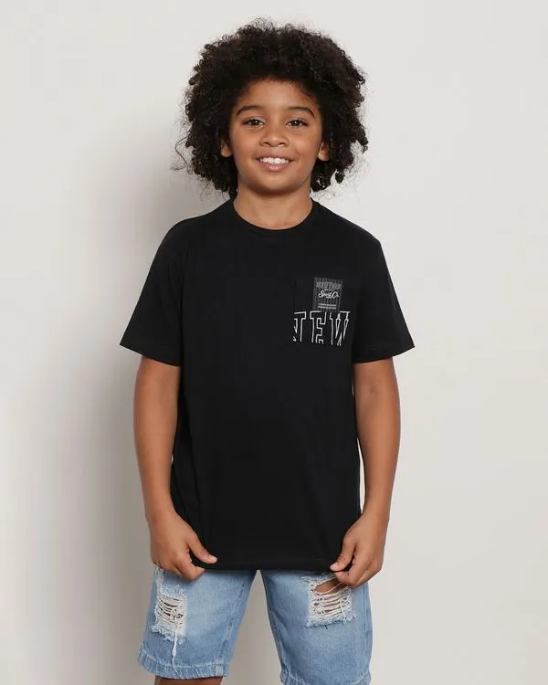 Camiseta Infantil Manga Curta Com Bolso Estampado Preta 6