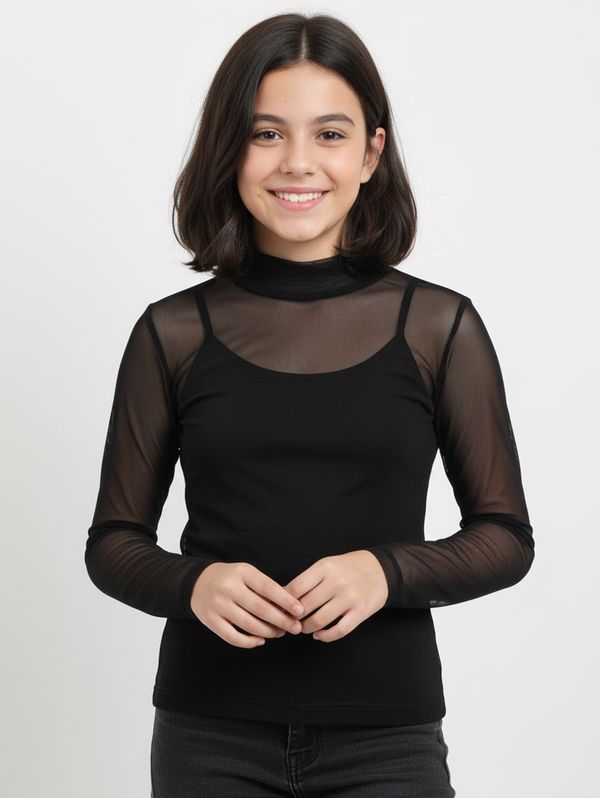 Blusa Tule Gola Alta Juvenil Para Menina - PRETO 10