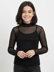 Blusa Tule Gola Alta Juvenil Para Menina - PRETO 10