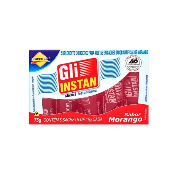 Bala Líquida Gli-Instan Sabor Morango com Glicose Instantânea 5 Sachês 15g Cada