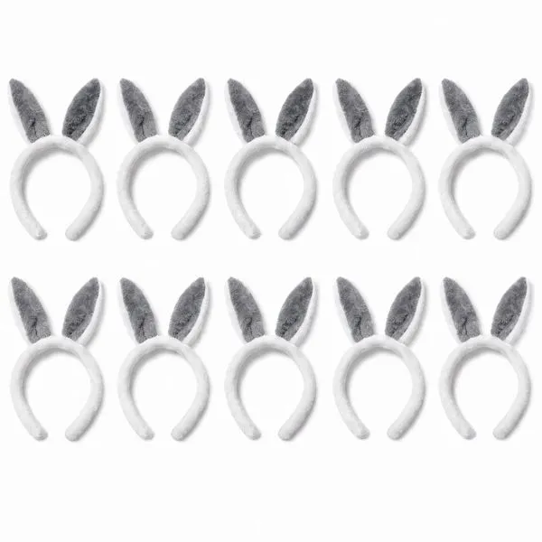 Kit 10 Tiaras de Coelho Páscoa de Pelúcia com Orelhas Felpudas Branca e Cinza Extra Festas Kit 10 Tiaras de Coelho de Pelúcia Branca e Cinza Extra Festas