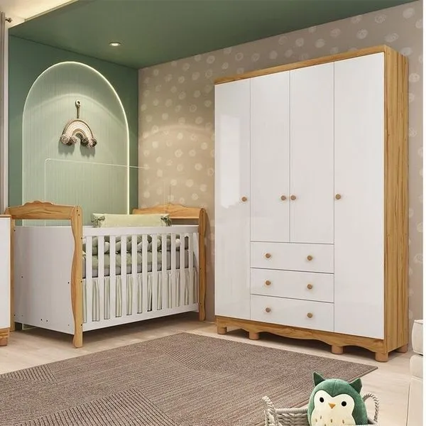 Quarto de Bebê com Guarda-Roupa 4 Portas e Berço Minicama 100% MDF Nina Espresso Móveis Branco/Brilho/Amêndoa Branco Brilho/Amêndoa