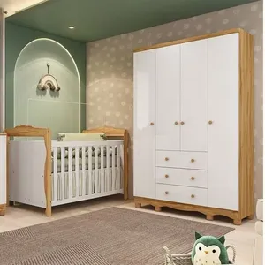 Quarto de Bebê com Guarda-Roupa 4 Portas e Berço Minicama 100% MDF Nina Espresso Móveis Branco/Brilho/Amêndoa Branco Brilho/Amêndoa
