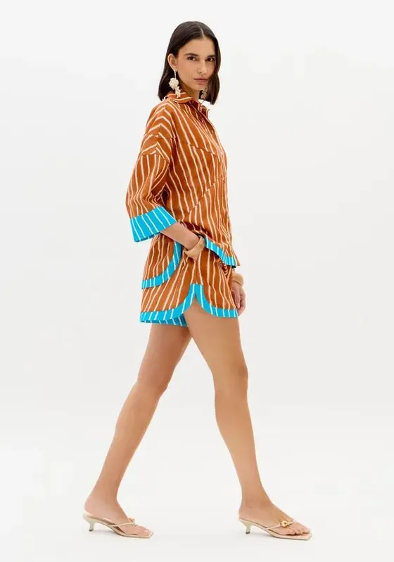 Short Curto Estampado Cintura Alta Laranja PP