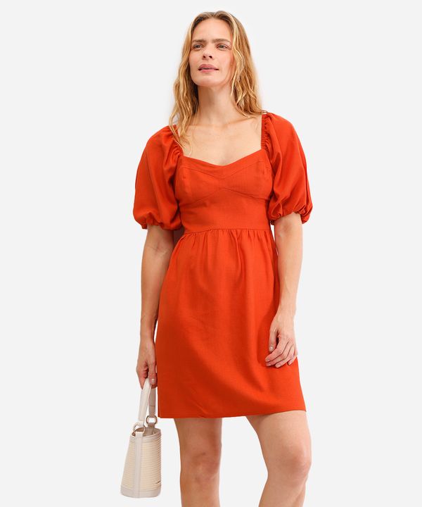 vestido curto com linho manga bufante laranja PP