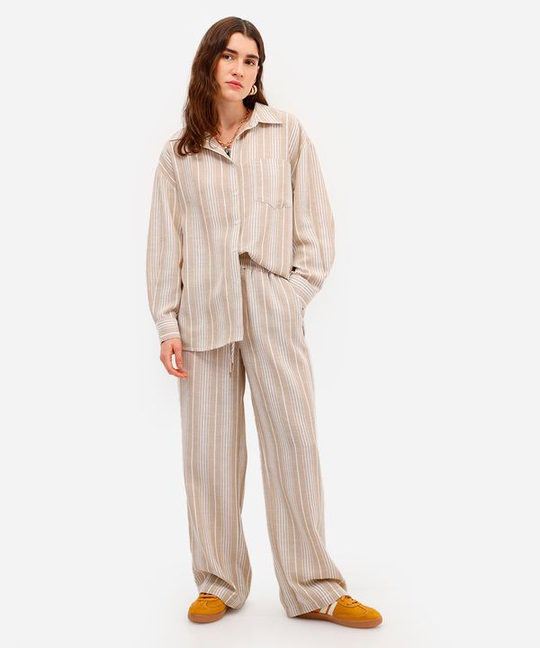 calça estilo pijama feminina listrada cós elástico bege 36