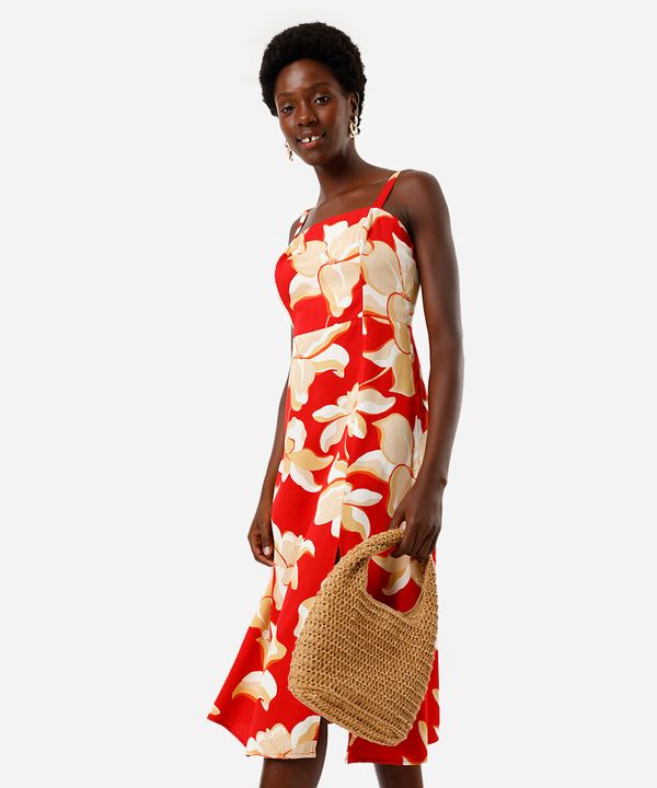 vestido midi feminino de viscose com fenda floral vermelho G