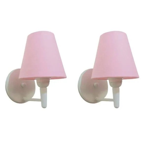 Kit-2 Arandela Cone Md-2004 Base Branco Cúpula Em Tecido 14-14x07cm Rosa Tela - Bivolt
