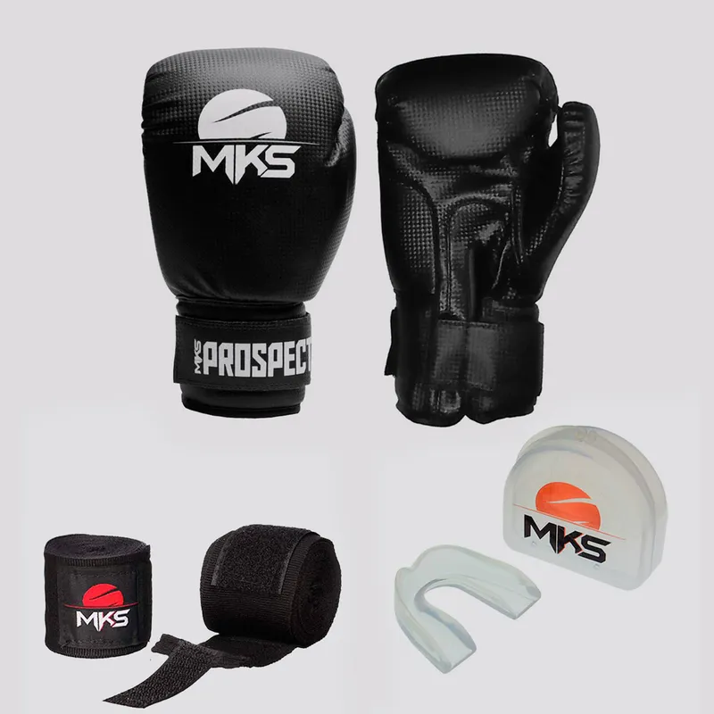 Kit de Luva de Boxe com Bandagem e Bucal MKS Preta