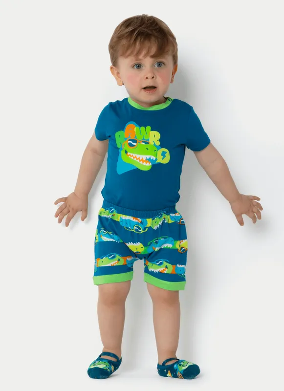 Pijama Manga Curta Viscolycra Bebê Menino Dino 6 A 9 MESES