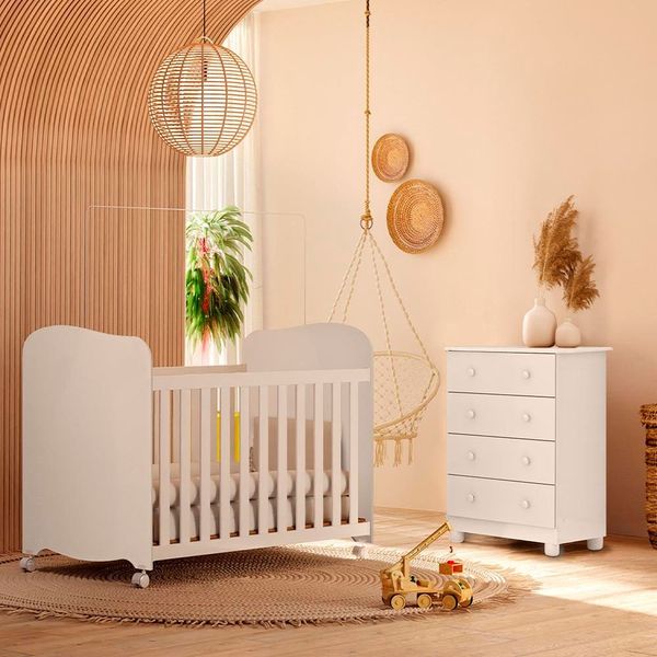 Berço Americano + Cômoda Infantil Peroba Duda Plus com 4 Gavetas - 65,1cm de largura Branco