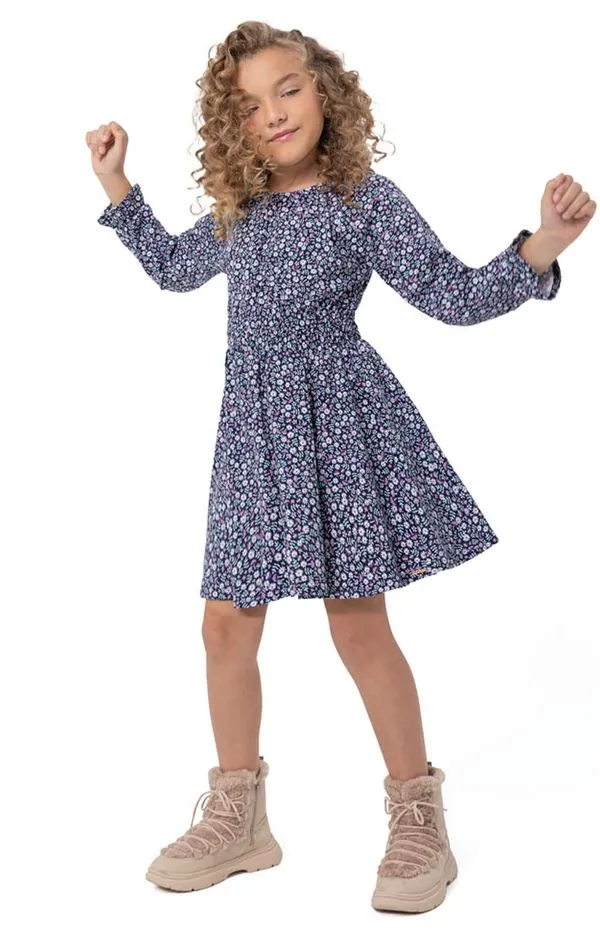 Vestido Menina Floral Cintura Com Elastico Em Algodão Carinhoso Azul - 3