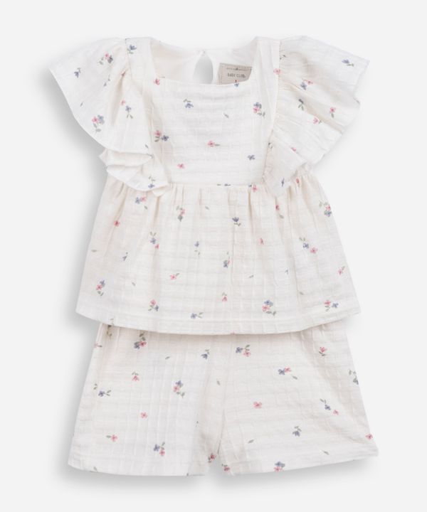 conjunto curto infantil de algodão texturizado floral off white 5