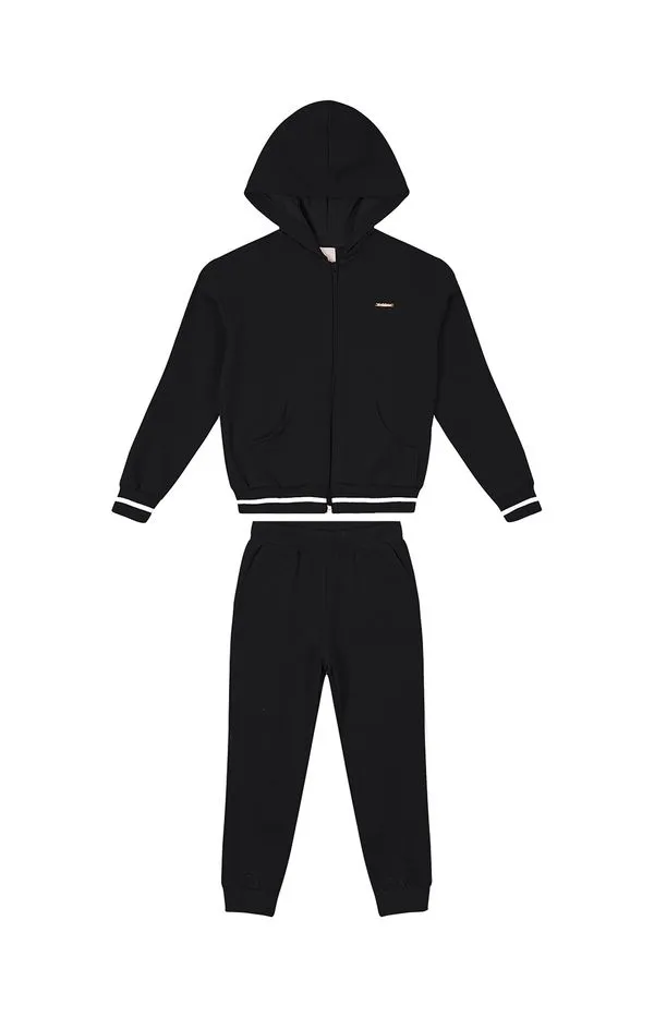 Conjunto Menina Com Capuz Em Moletom Stretch Flanelado Carinhoso Preto - 1