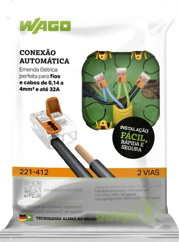 Conector Elétrico Emenda Wago 2 Polos Pacote com 6 Unidades
