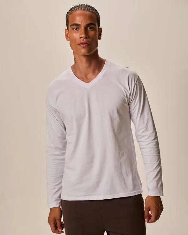 Camiseta Básica Masculina Decote V Manga Longa Em Algodão Branco - PP