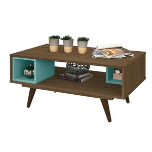 Mesa de Centro em MDP/MDF, 4 Pés de Madeira, 1 Prateleira Interna - 45 Retrô Rústico / Turquesa