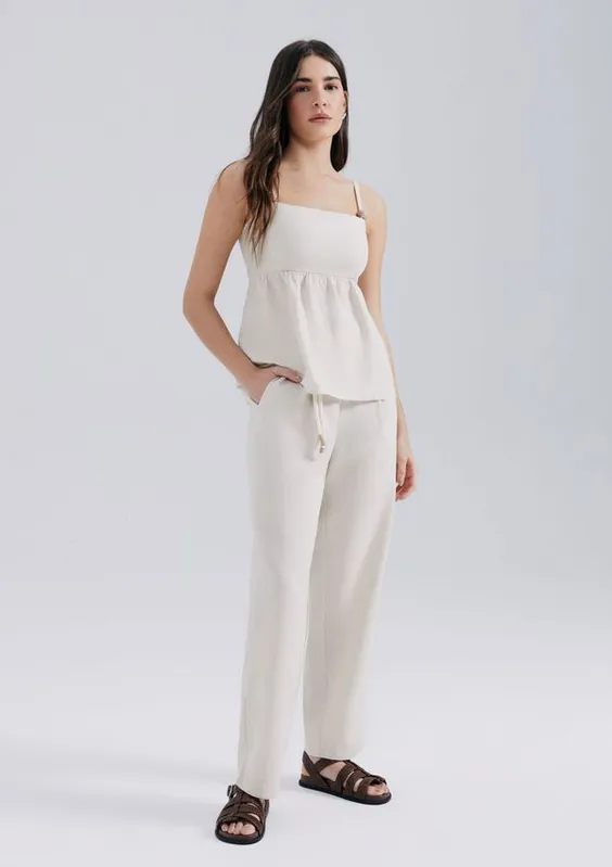 Calça Feminina Carrot Cintura Alta Em Viscolinho - Bege G