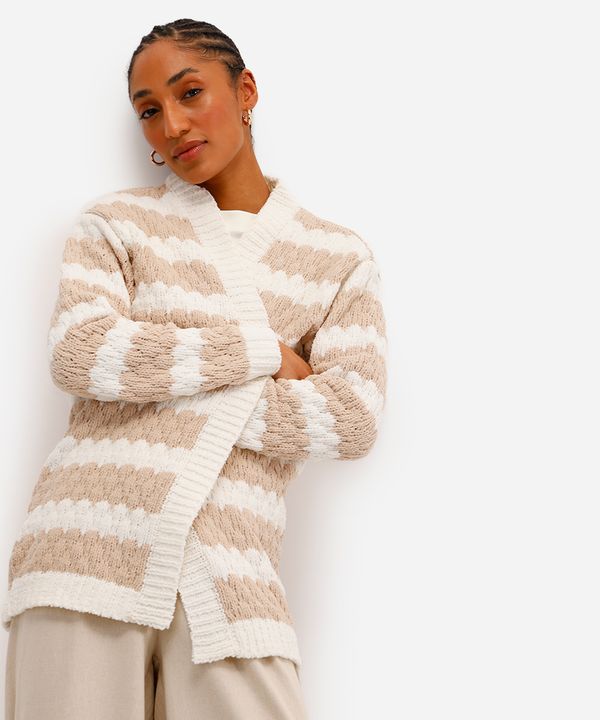 cardigan feminino de tricot texturizado listrado - areia GG