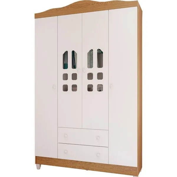 Roupeiro 4 Portas e 2 Gavetas Carolina Eloá Clean Cor Branco com Betula 51964