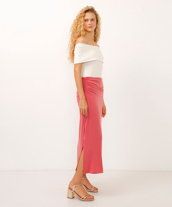 saia midi com franzido e fenda rosa P